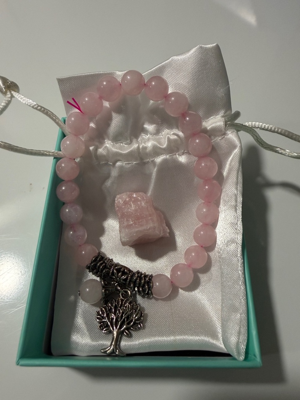 Rose Quartz Beaded Bracelet with Tree of life Charm & R.Q stone